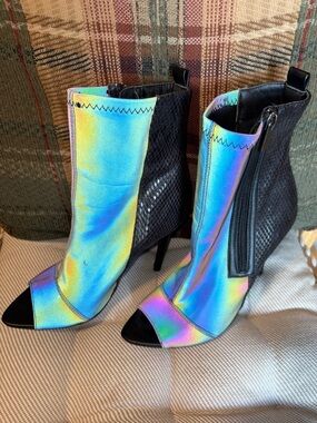 Qupid Iridescent Blue-Green-Purple Open-Toe Ankle Boots with Black Heel